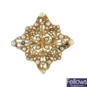 An early 20th century gold seed, split pearl and diamond brooch. 