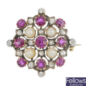 A late 19th century 9ct gold and silver ruby, diamond and split pearl brooch.