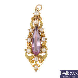 An early 19th century 18ct gold pink topaz and split pearl pendant.