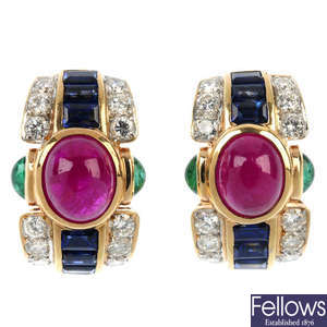 A pair of ruby, sapphire, emerald and diamond earrings.