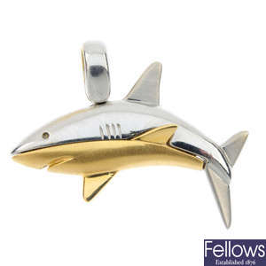 A bi-colour shark pendant.