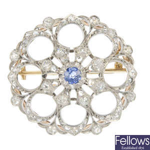 A late 19th century 9ct gold and silver sapphire and diamond brooch.