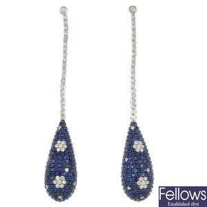 A pair of 18ct gold diamond and sapphire ear pendants.