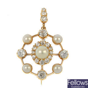 A late 19th century gold diamond and split pearl pendant.