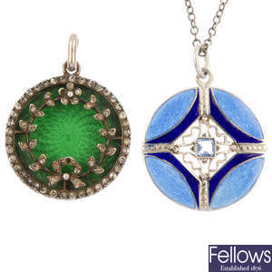 Two gem-set enamel pendants and a gold regimental sweetheart brooch.