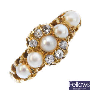 An early 20th century gold split pearl and diamond ring.