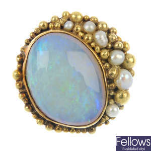 A 1970s 14ct gold opal and pearl dress ring.