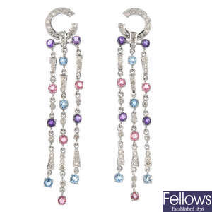 A pair of multi-gem and diamond ear pendants.
