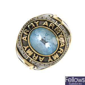 A gentleman's 9ct gold diamond and topaz 'Army' ring.