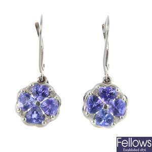 A pair of tanzanite and diamond floral ear pendants.