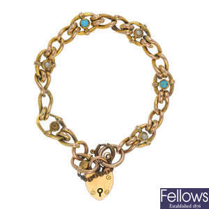 An Edwardian 9ct gold turquoise and split pearl bracelet.