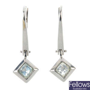 A pair of 18ct gold topaz ear pendants.