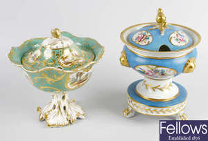 A 19th century porcelain pedestal tureen, together with a similar continental example