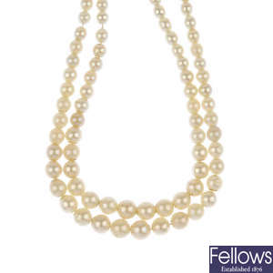 A cultured pearl two row necklace. 