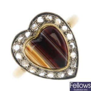 A banded agate and diamond heart cluster ring.