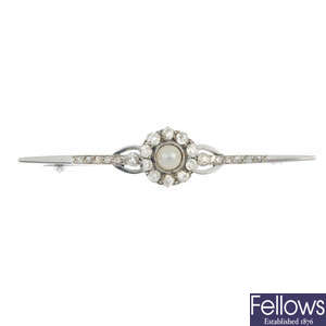 A cultured pearl and diamond bar brooch. 