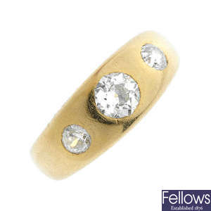 An early 20th century 18ct gold diamond three-stone ring.