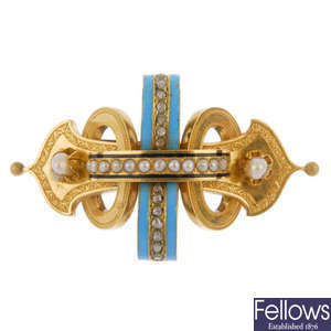 A late 19th century gold split pearl, diamond and enamel brooch.