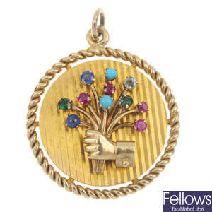 A 1960s 9ct gold multi-gem pendant.
