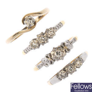 A selection of three early to mid 20th century 18ct gold diamond rings and a 9ct gold diamond ring.