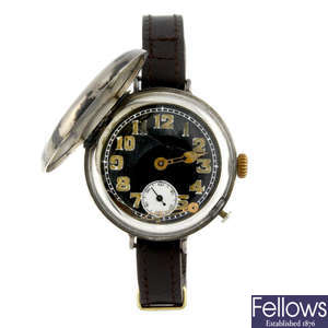 A gentleman's silver trench style full hunter wrist watch.