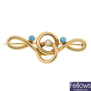 An early 20th century 15ct gold split pearl and turquoise brooch.