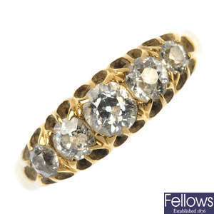 A late 19th century 18ct gold diamond five-stone ring.