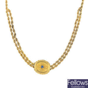 A late 19th century 15ct gold gem-set necklace.