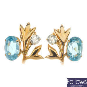 A pair of mid 20th century 15ct gold zircon and sapphire earrings.