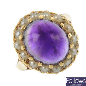 An 18ct gold amethyst and seed pearl cluster ring.