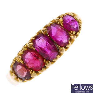 A mid 20th century 18ct gold ruby and gem-set ring.