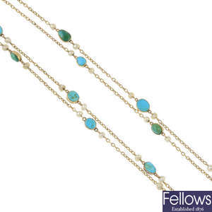 An early 20th century gold turquoise and cultured pearl necklace.