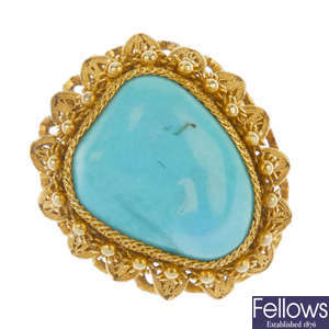 An early 20th century Asian 15ct gold turquoise filigree ring.