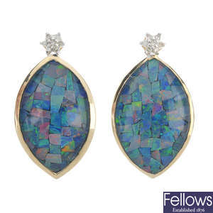 A pair of 9ct gold mosaic opal triplet and diamond ear pendants.