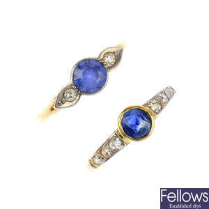 Two mid 20th century 18ct gold sapphire and diamond dress rings.