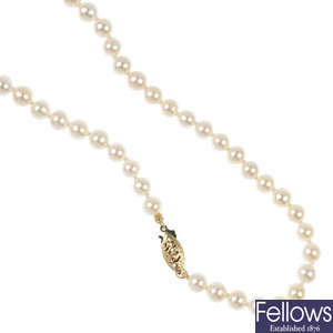 A cultured pearl single-strand necklace and bracelet.
