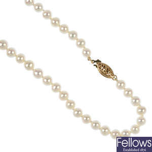 A cultured pearl single-strand necklace and bracelet.