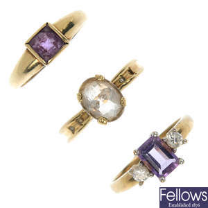 A selection of six 9ct gold gem-set rings.