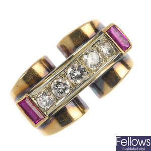 A mid 20th century gold diamond and synthetic ruby dress ring.