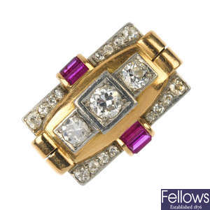 A mid 20th century gold diamond and synthetic ruby cocktail ring.