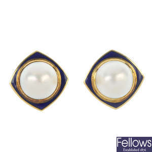 A pair of 18ct gold mabe pearl and enamel ear clips.