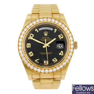 ROLEX - a gentleman's 18ct gold Oyster Perpetual Day-Date II bracelet watch.
