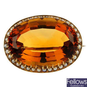 A citrine and seed pearl brooch.