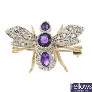A 9ct gold amethyst and diamond bee brooch.