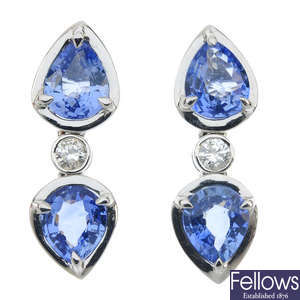 A pair of tanzanite and diamond ear pendants.