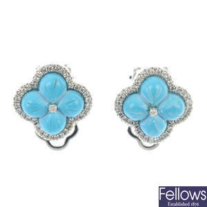 A pair of turquoise and diamond quatrefoil ear clips.