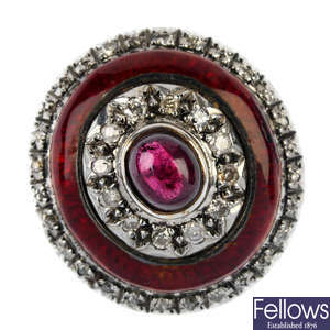 A garnet, diamond and enamel dress ring.