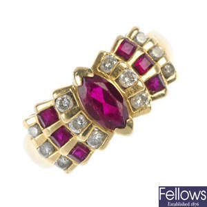 A synthetic ruby and diamond dress ring.