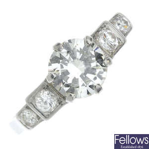 A mid 20th century platinum diamond single-stone ring. 