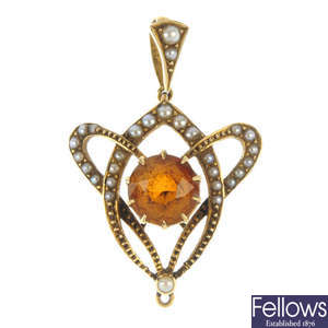 An early 20th century 15ct gold citrine and seed pearl pendant